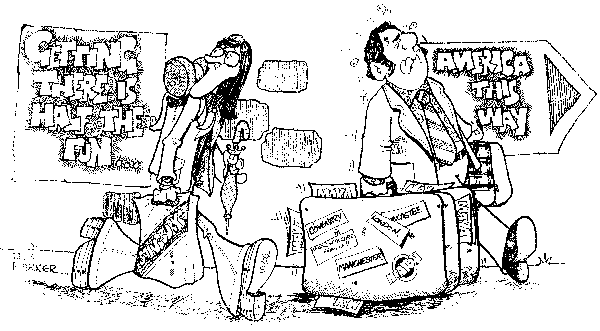 Title art: blithe PR and luggage-laden Rob Jackson passing an AMERICA THIS WAY sign